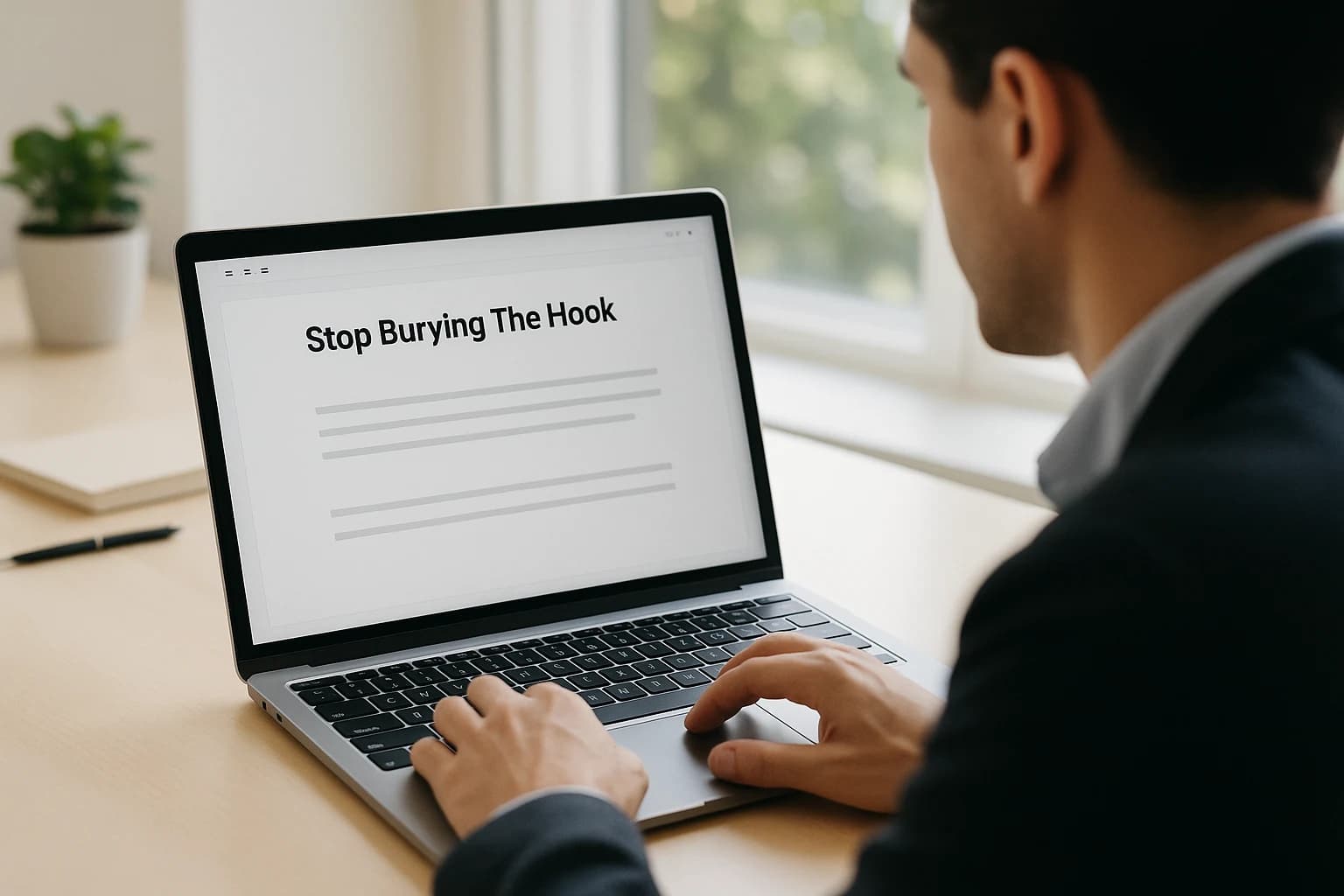 A professional formatting a written post on a laptop at a bright desk