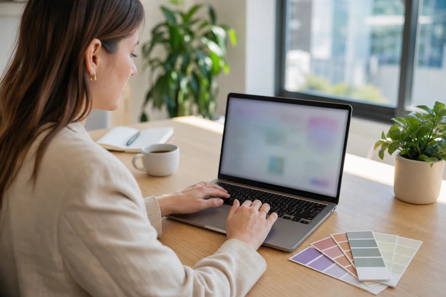 A person at a bright desk with a laptop and several small colour palette cards for different client brands
