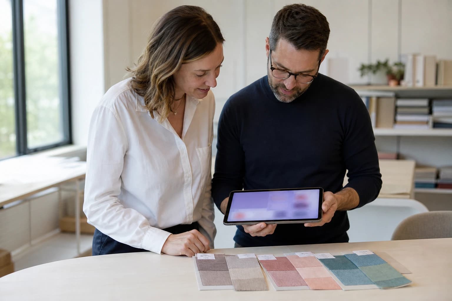 Two colleagues reviewing a tablet together beside a set of separate client colour palette tiles
