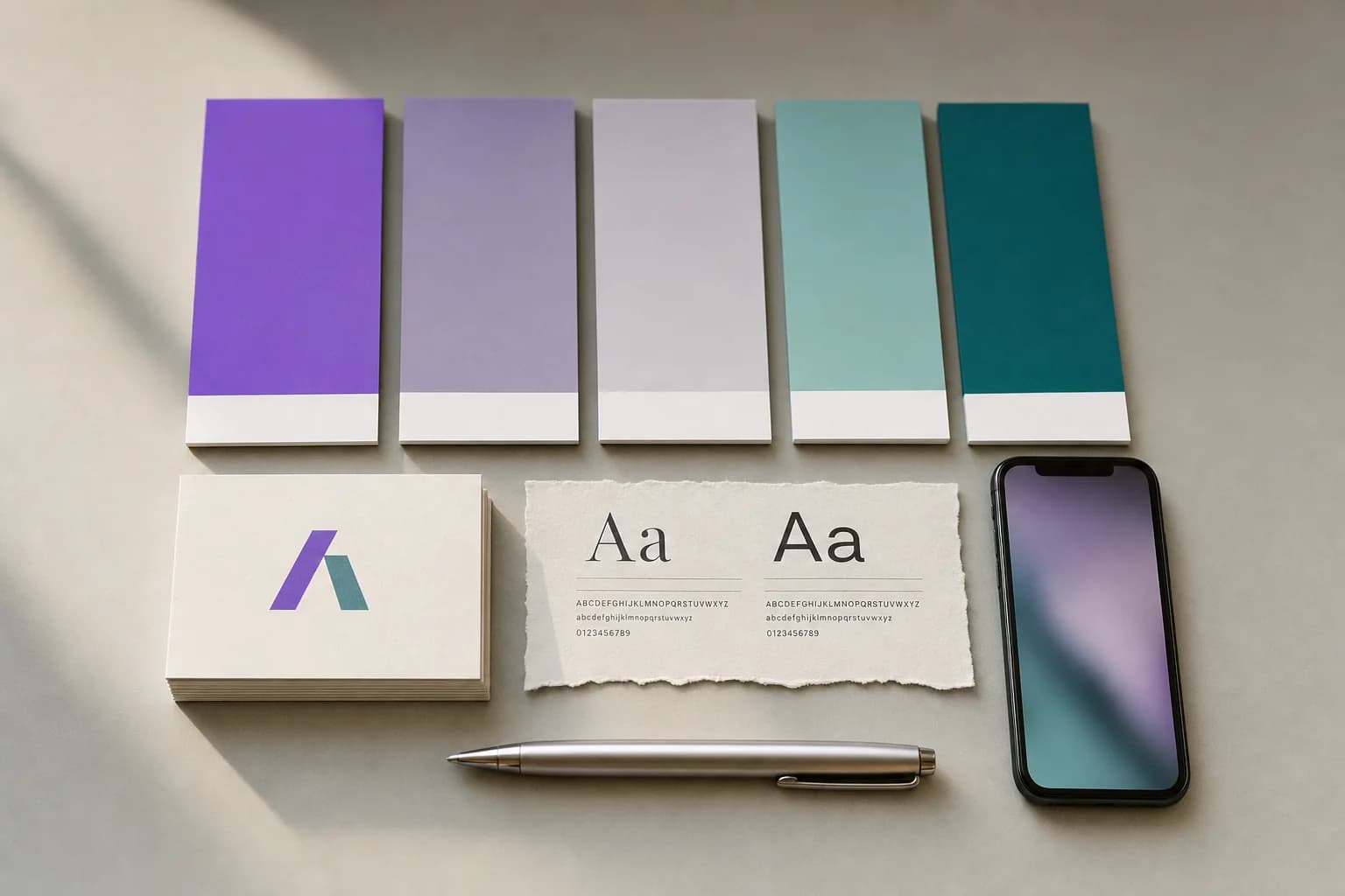 A curated brand kit flat lay: color swatch cards, a logomark, two typeface specimens, and a phone showing a brand color gradient