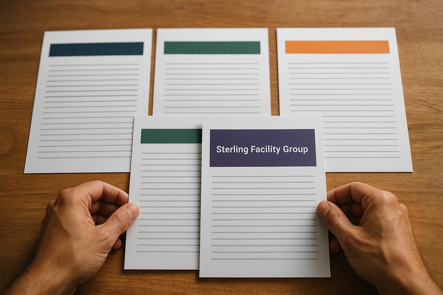 A reviewer comparing several one-page vendor capability statements side by side on a desk