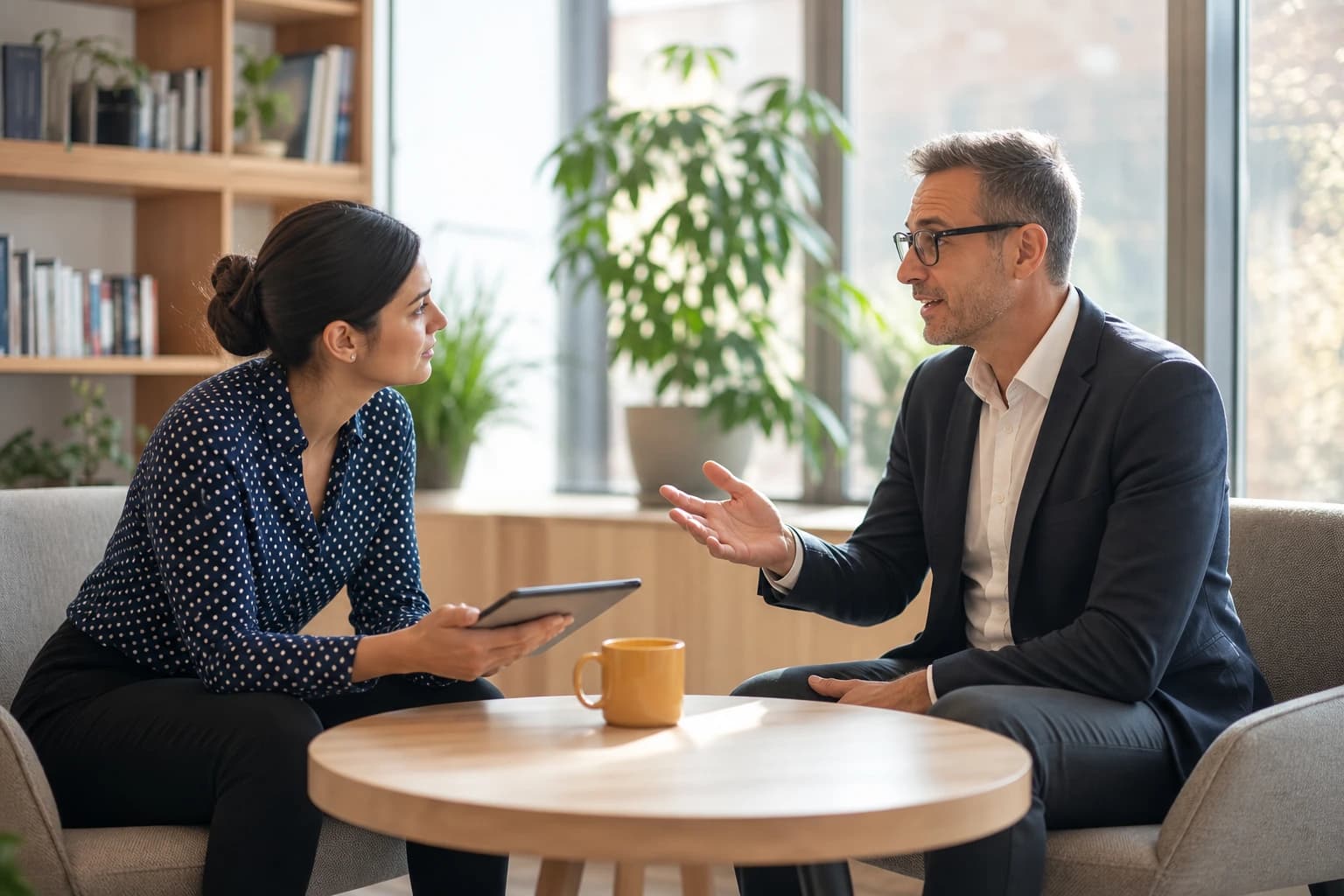 Two people in conversation during a case study interview, one taking notes