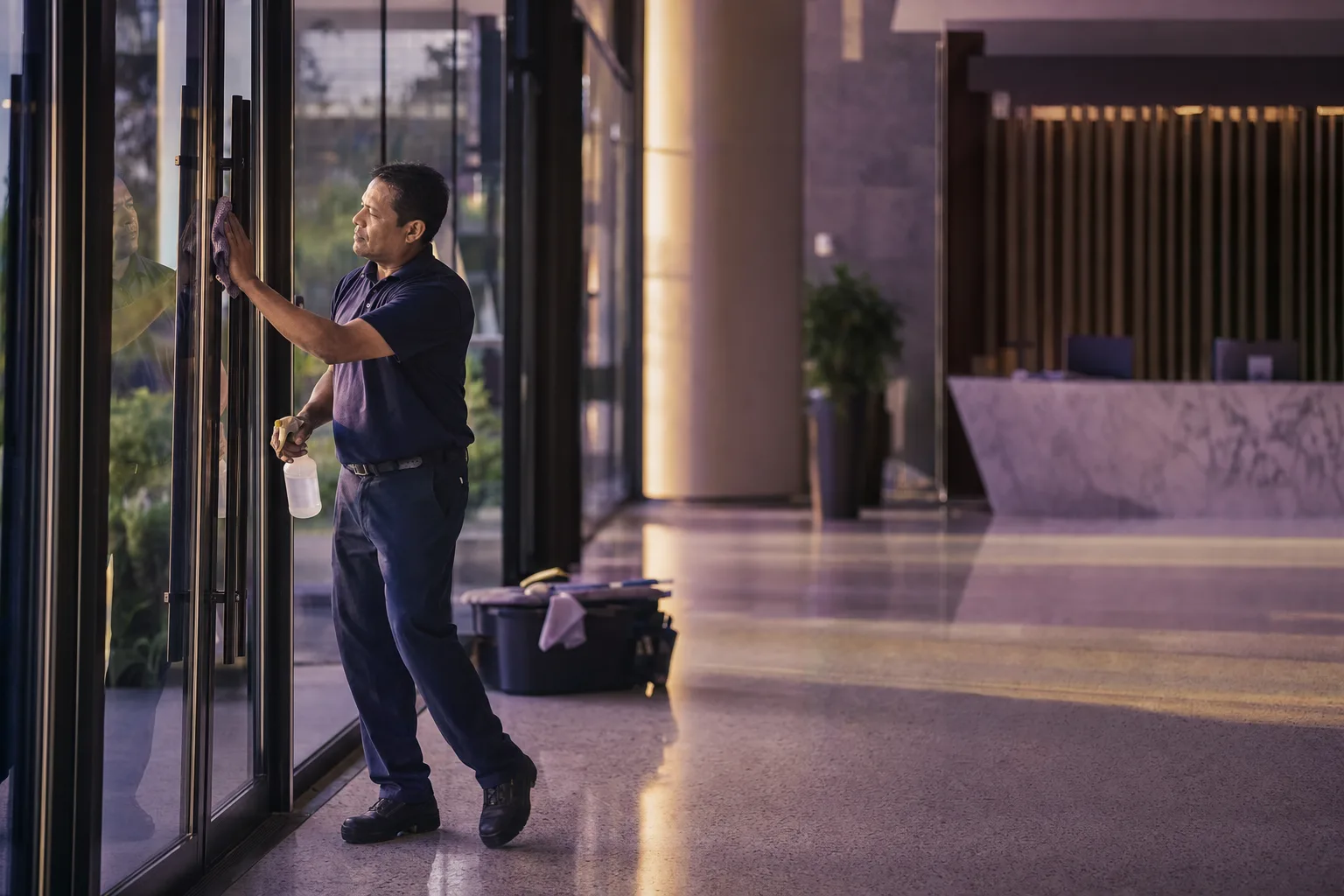 A commercial cleaning technician wiping down a glass entrance door in a modern office lobby at early morning