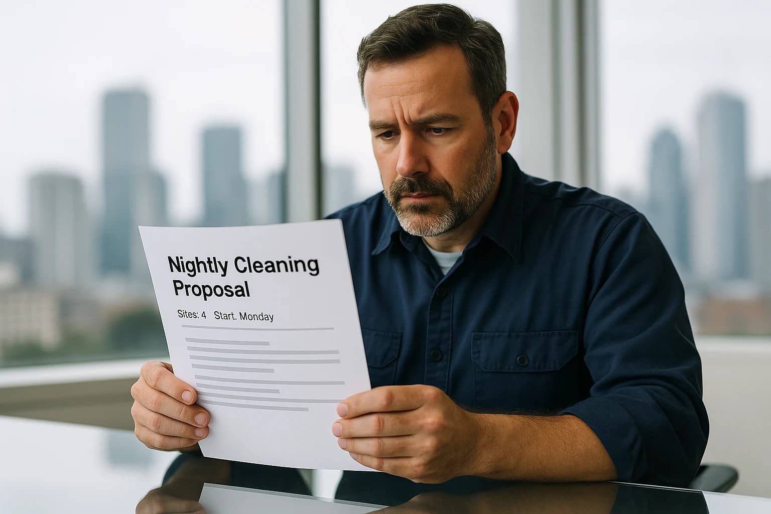 A facility manager reading a printed proposal at a glass conference table with a blurred city skyline behind him