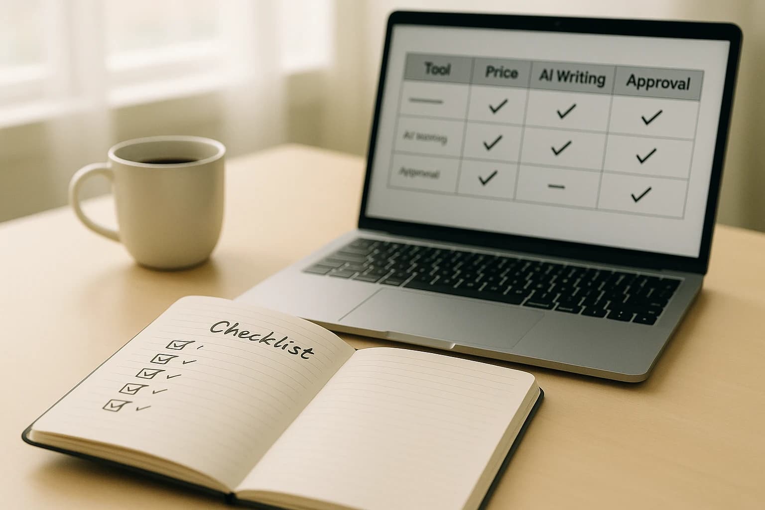 An open notebook, laptop and coffee on a bright desk, for working through a shortlist of tools