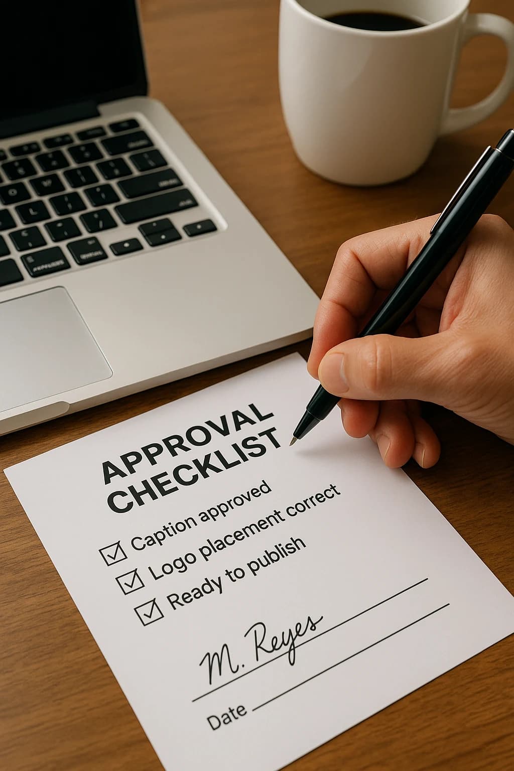 A hand writing a name and a date onto a printed approval checklist beside a laptop and a cup of coffee