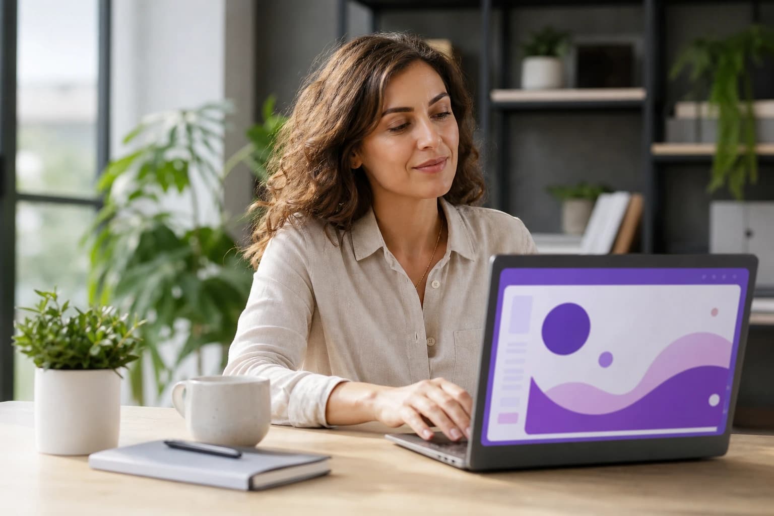 A marketing professional at a bright desk glancing at a laptop showing a simple, finished post layout, about to approve it with a quick nod
