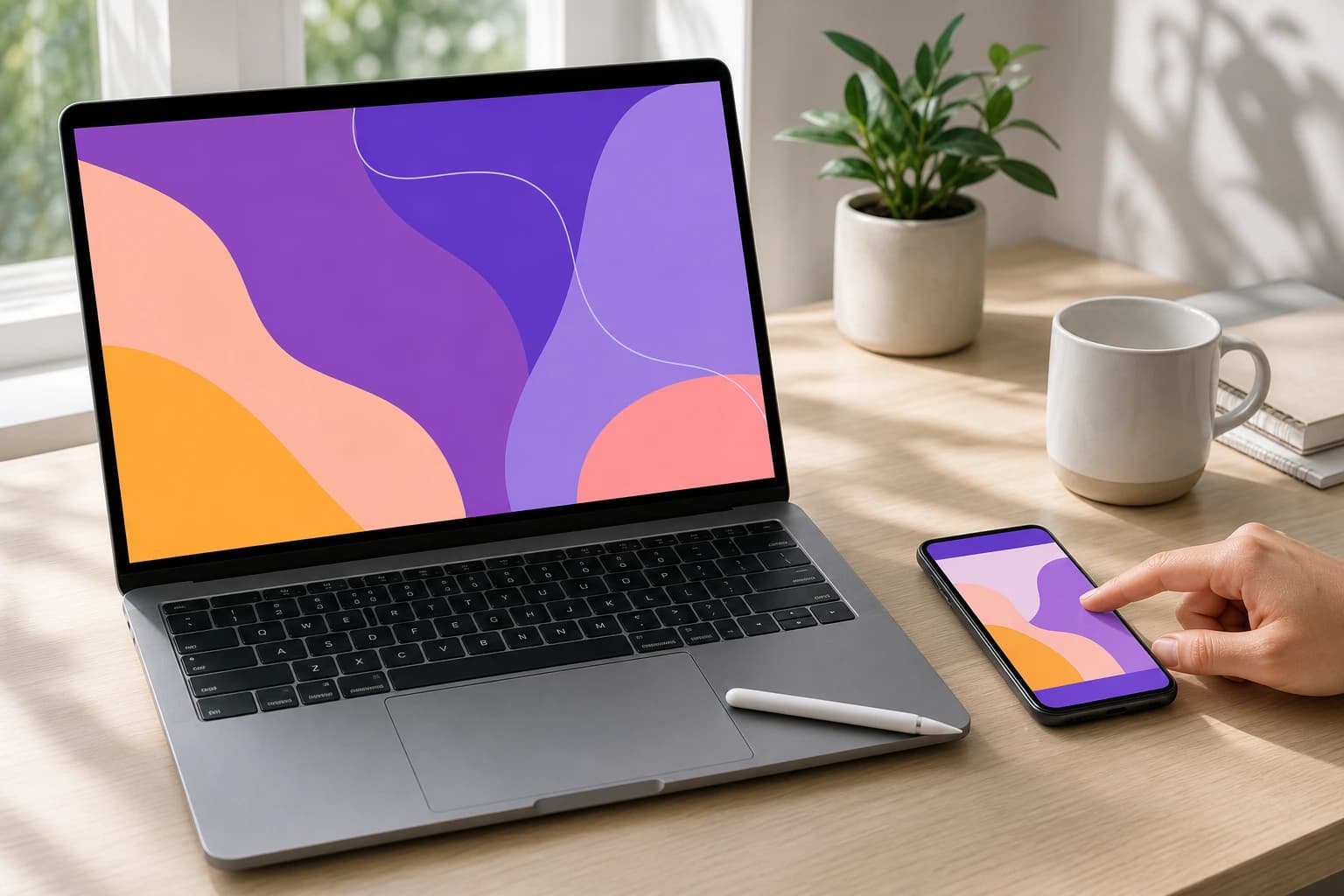 A hand about to tap a phone showing a finished post design, beside an open laptop showing the same design in progress