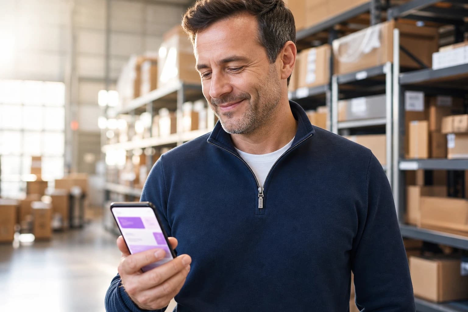 A warehouse manager checking his phone for his company's latest LinkedIn post