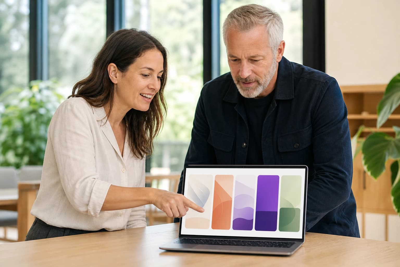 Two colleagues comparing separate brand color palettes for two trading names on a laptop