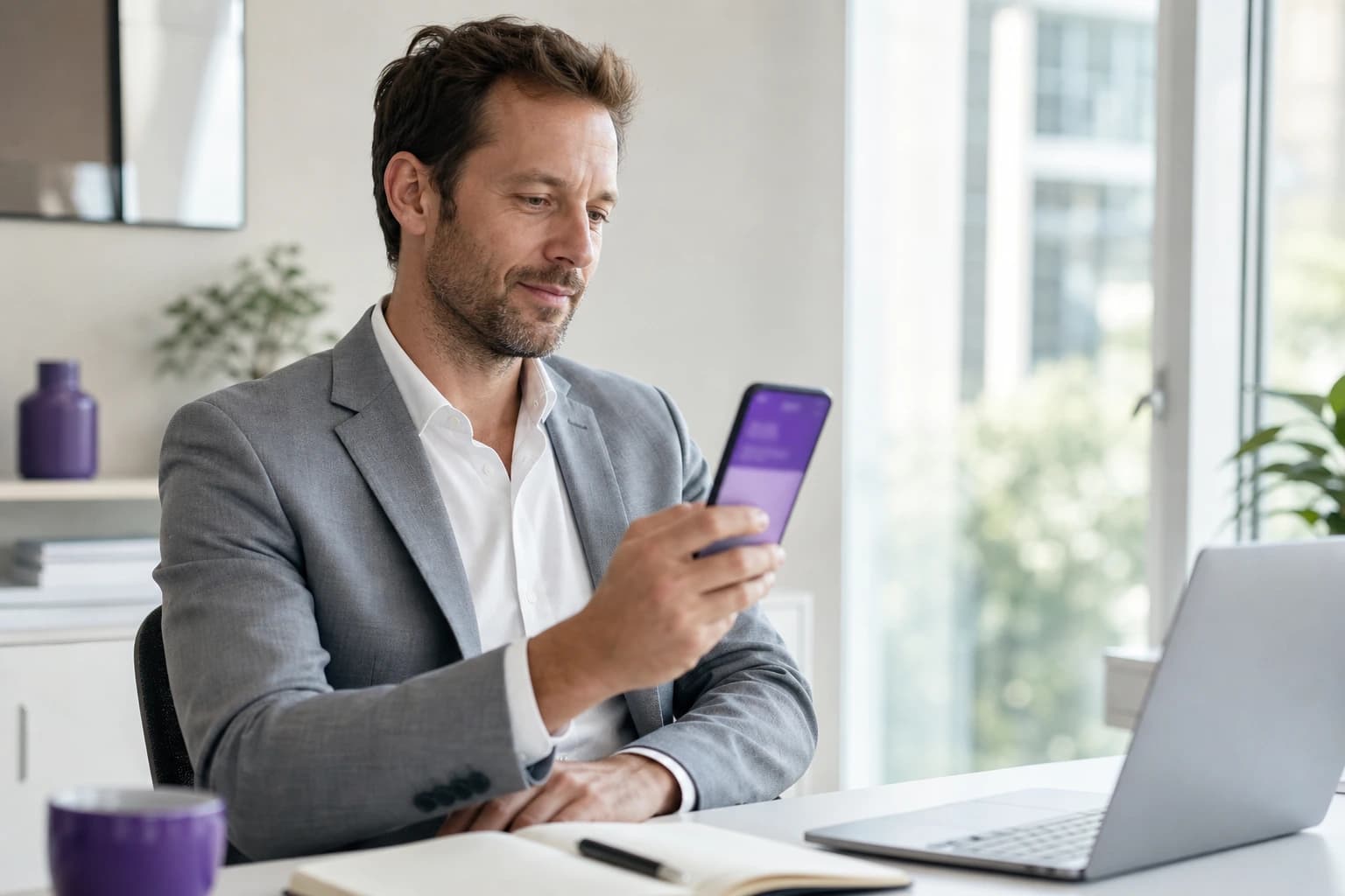 A consultant reviewing a finished post on their phone at a bright desk
