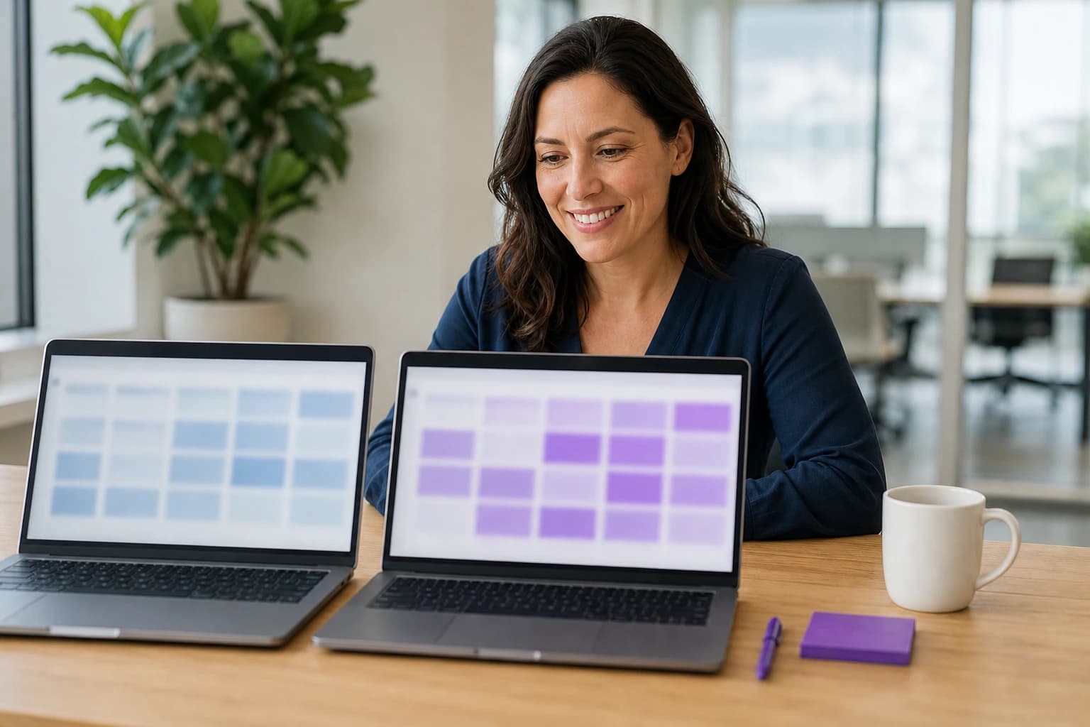 A professional comparing two open laptops side by side, each showing a soft abstract grid in a different colour for a separate brand's content calendar