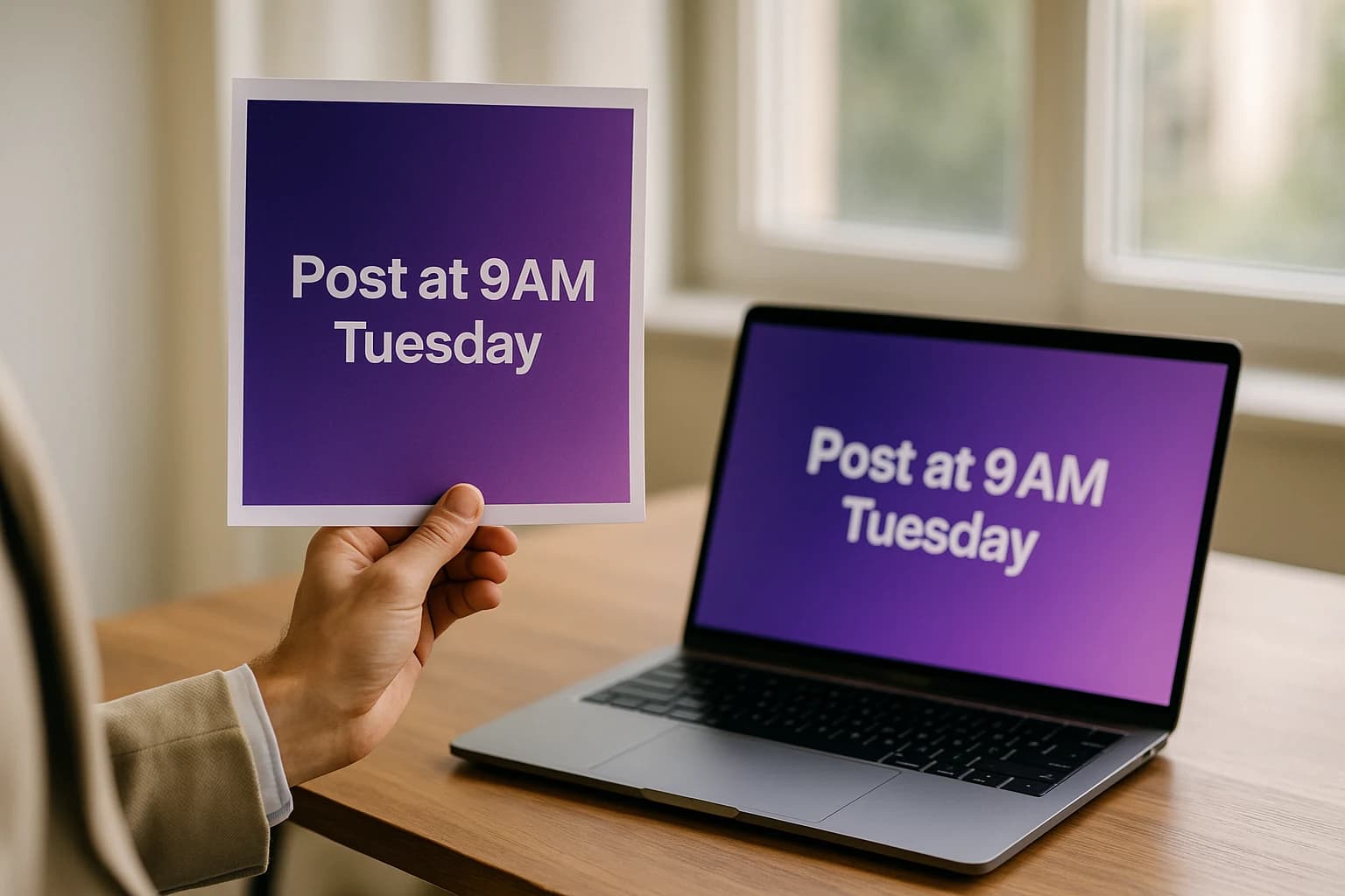 A professional holding up a printed on-brand carousel layout beside an open laptop showing a matching purple-toned design