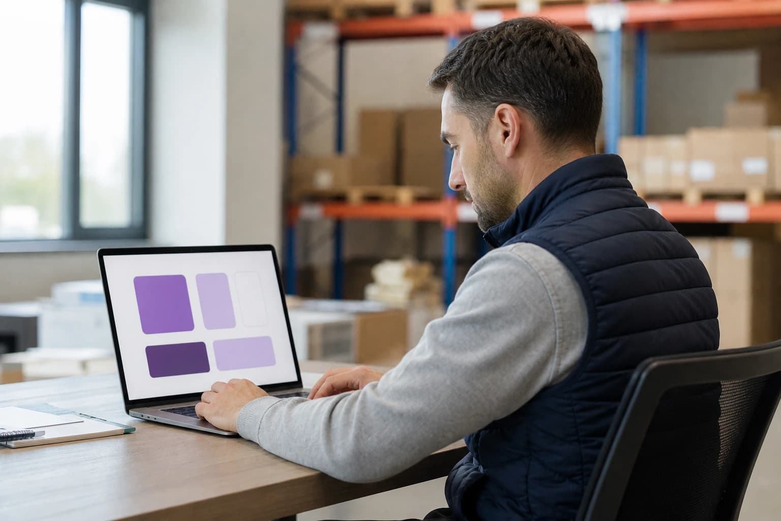 A distributor at a warehouse desk reviewing a set of brand colours pulled from the company website on a laptop
