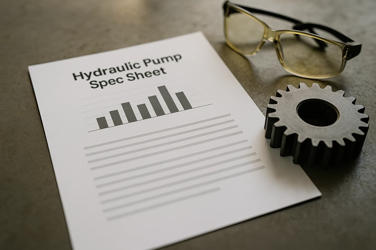 A printed spec sheet with a chart laid next to a machine gear and safety glasses on a desk