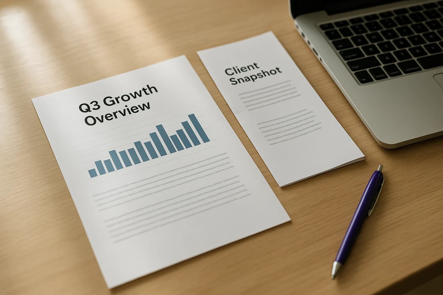 A flat lay of printed business documents, including a chart and a folded overview sheet, beside an open laptop and a purple pen on a desk