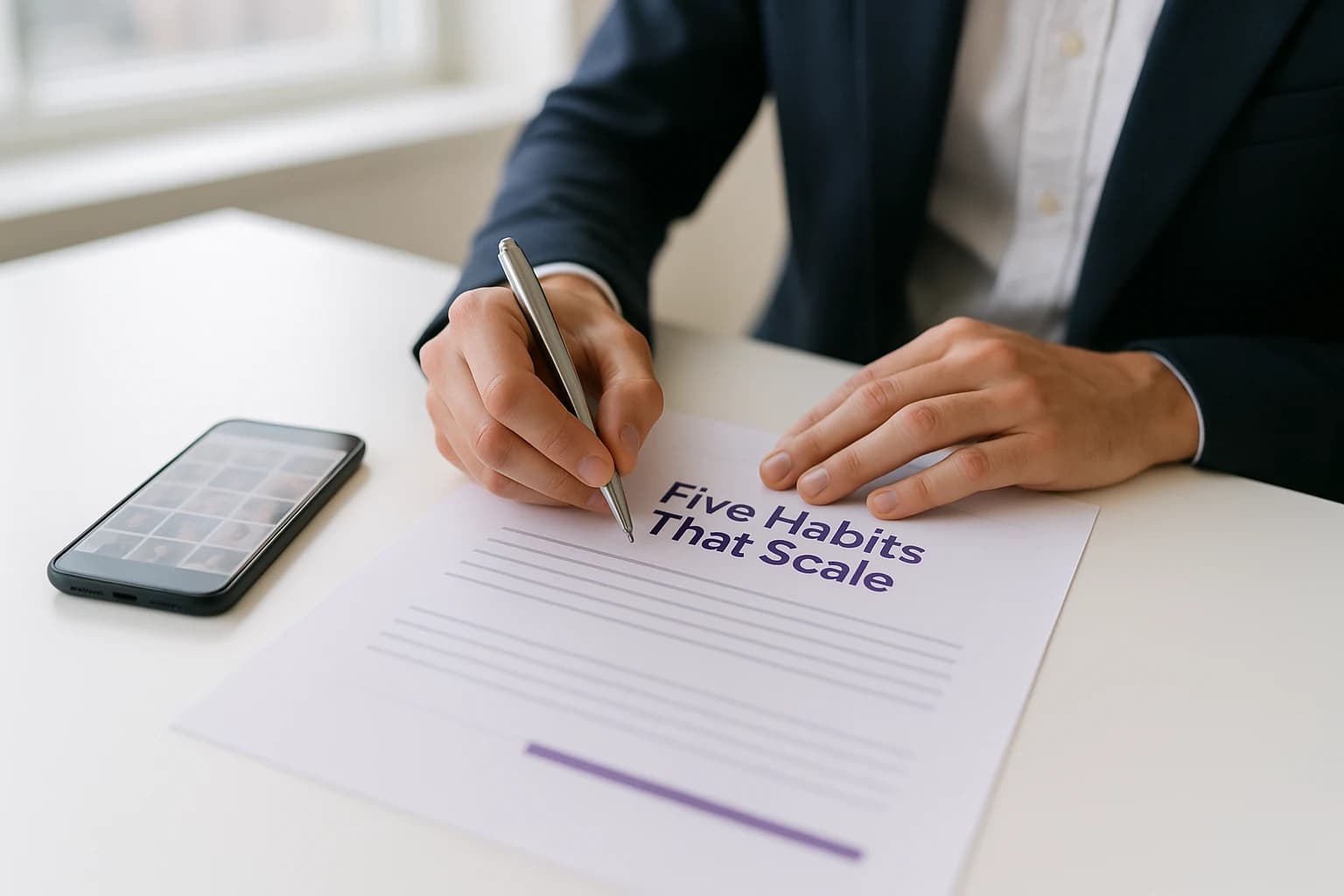 A professional at a bright desk marking up a printed document layout in brand purple tones, with a smartphone showing a deliberately blurred photo grid beside it