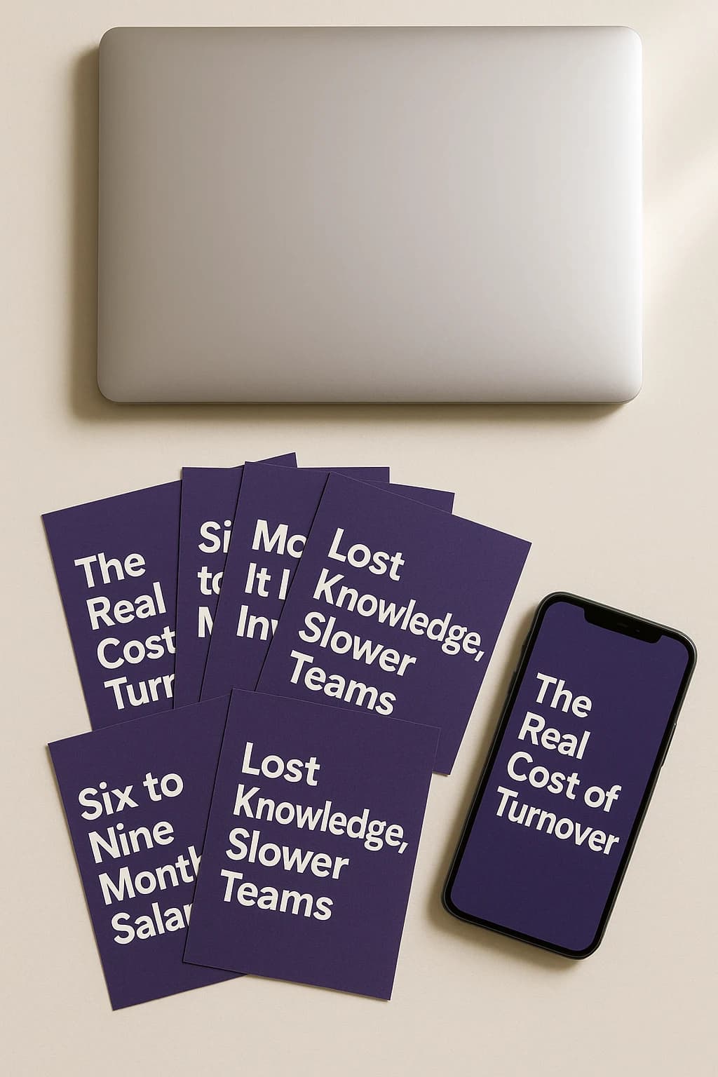 A laptop, a fan of printed slide cards and a phone, each showing the same on-brand purple layout