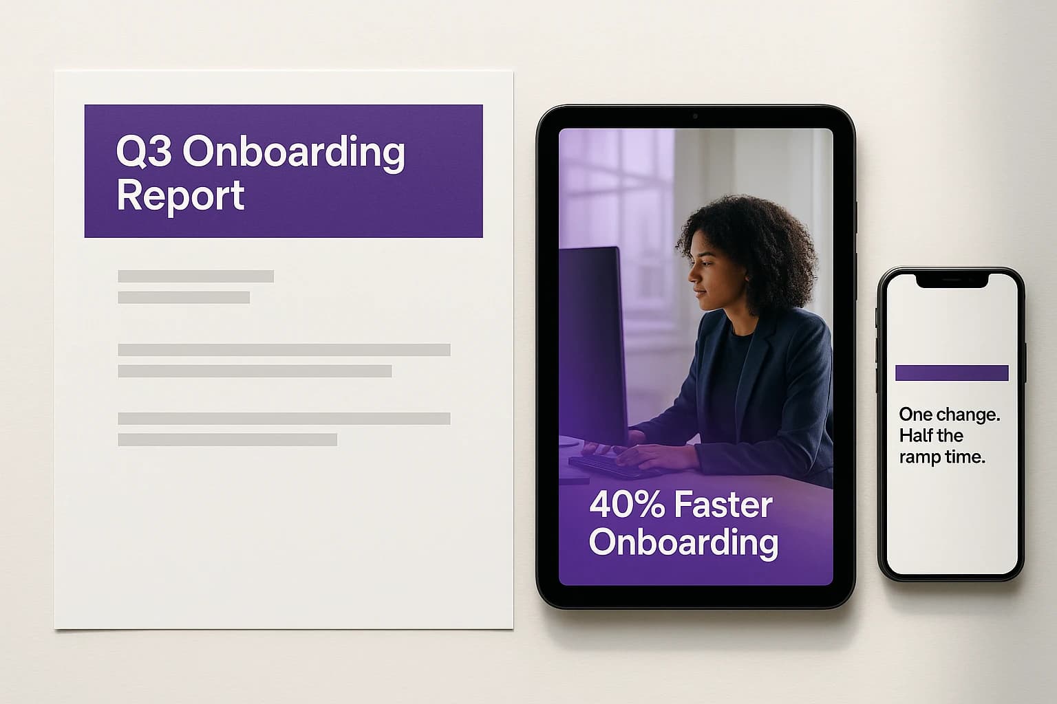 A printed document, a tablet and a phone side by side, each carrying the same on-brand colours and layout