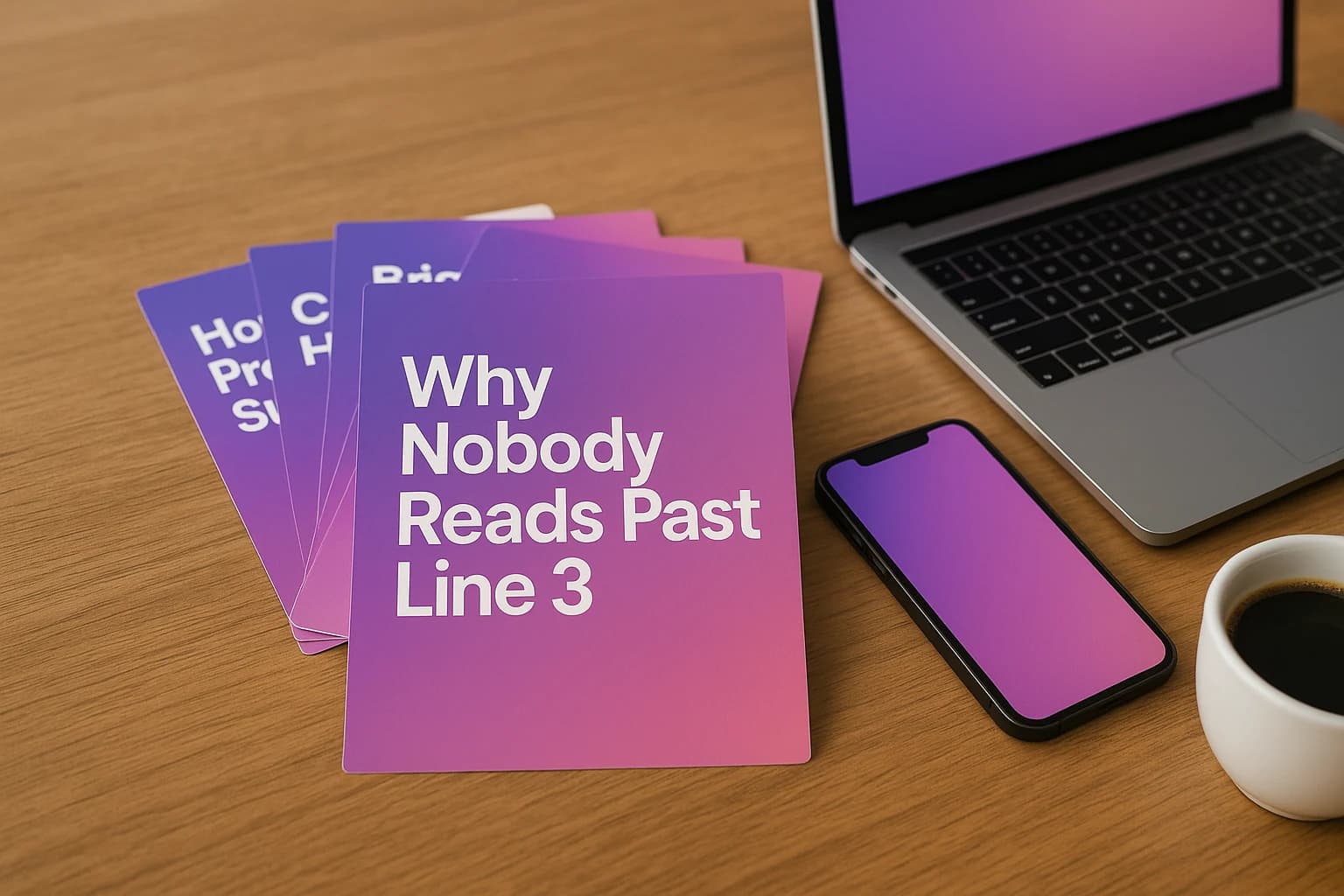 A fan of printed carousel slide cards in on-brand purple and pink gradients, beside a laptop, a phone, and a cup of coffee