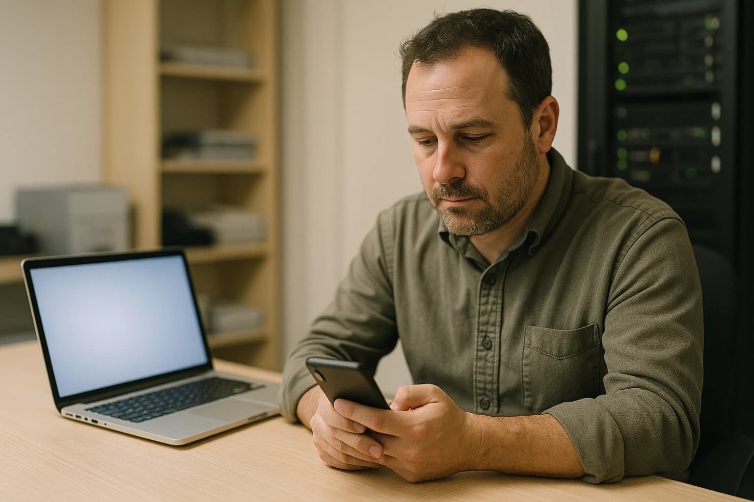 A small business owner glancing at his phone at his desk, a server rack visible behind him, before writing his own LinkedIn post