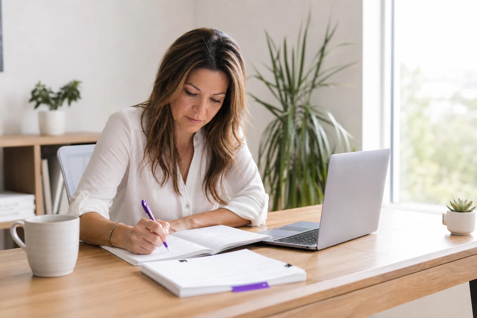 A small business owner writing in a paper monthly planner beside an open laptop, batching a month of LinkedIn posts in one sitting