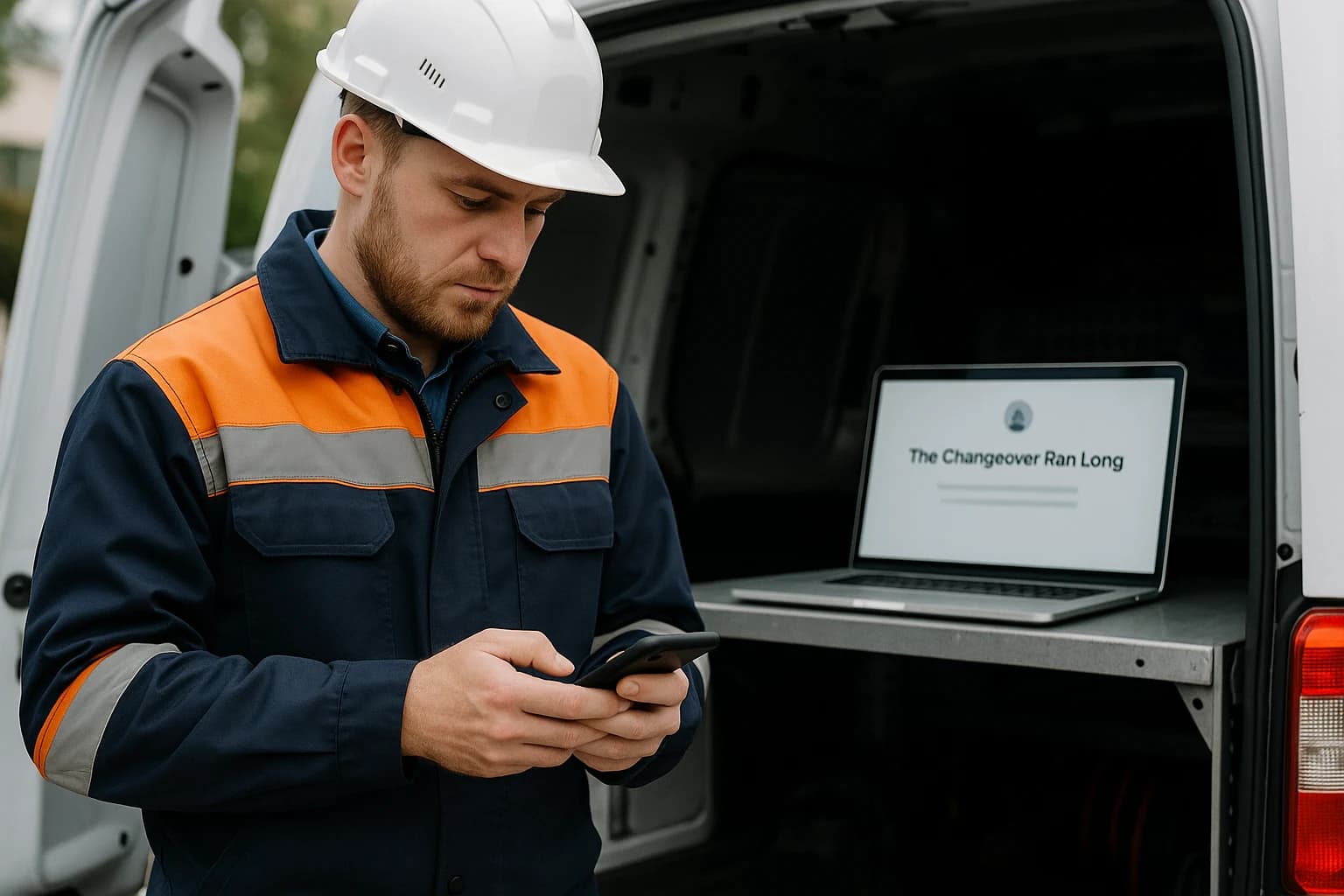 A field technician pausing to note a quick update on a phone beside an open service van, with a tablet nearby showing a soft abstract content composer screen