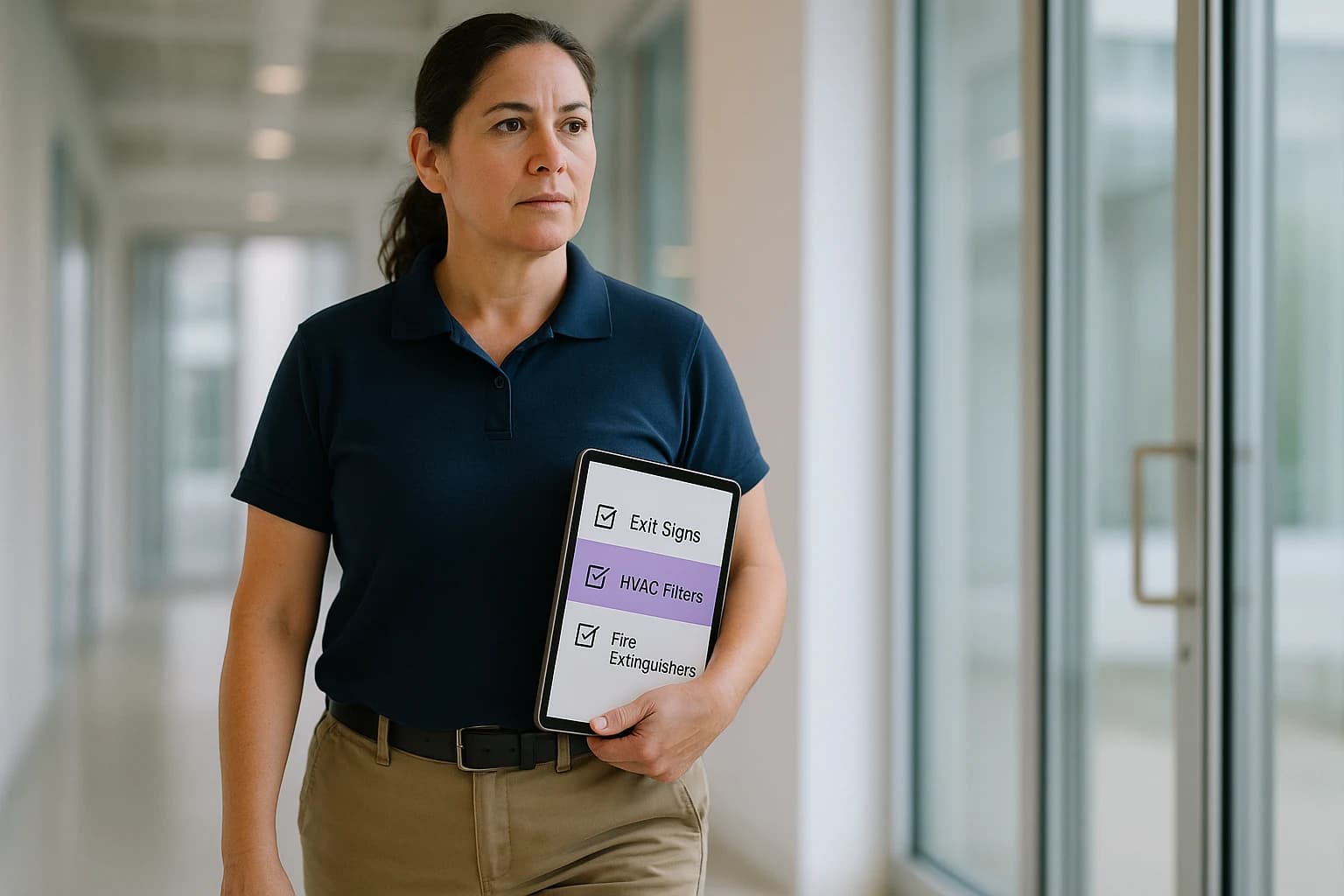 A facilities supervisor walking through a bright office corridor with a tablet showing a soft abstract checklist screen during a walkthrough