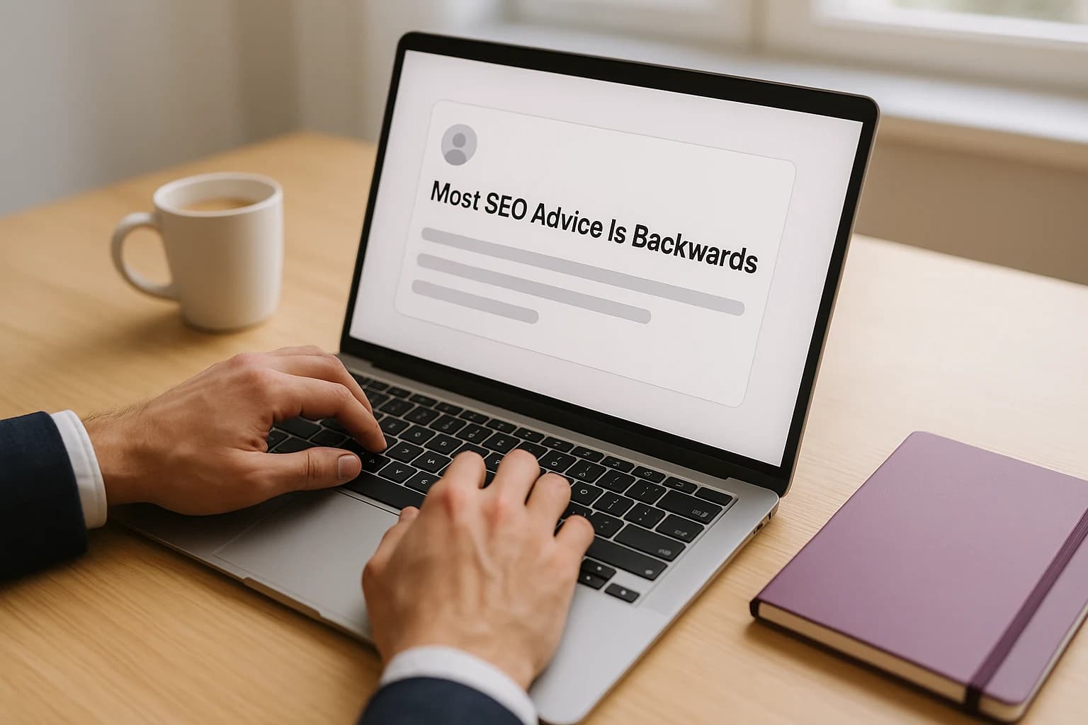 A professional at a bright desk reviewing a draft LinkedIn post on a laptop before publishing
