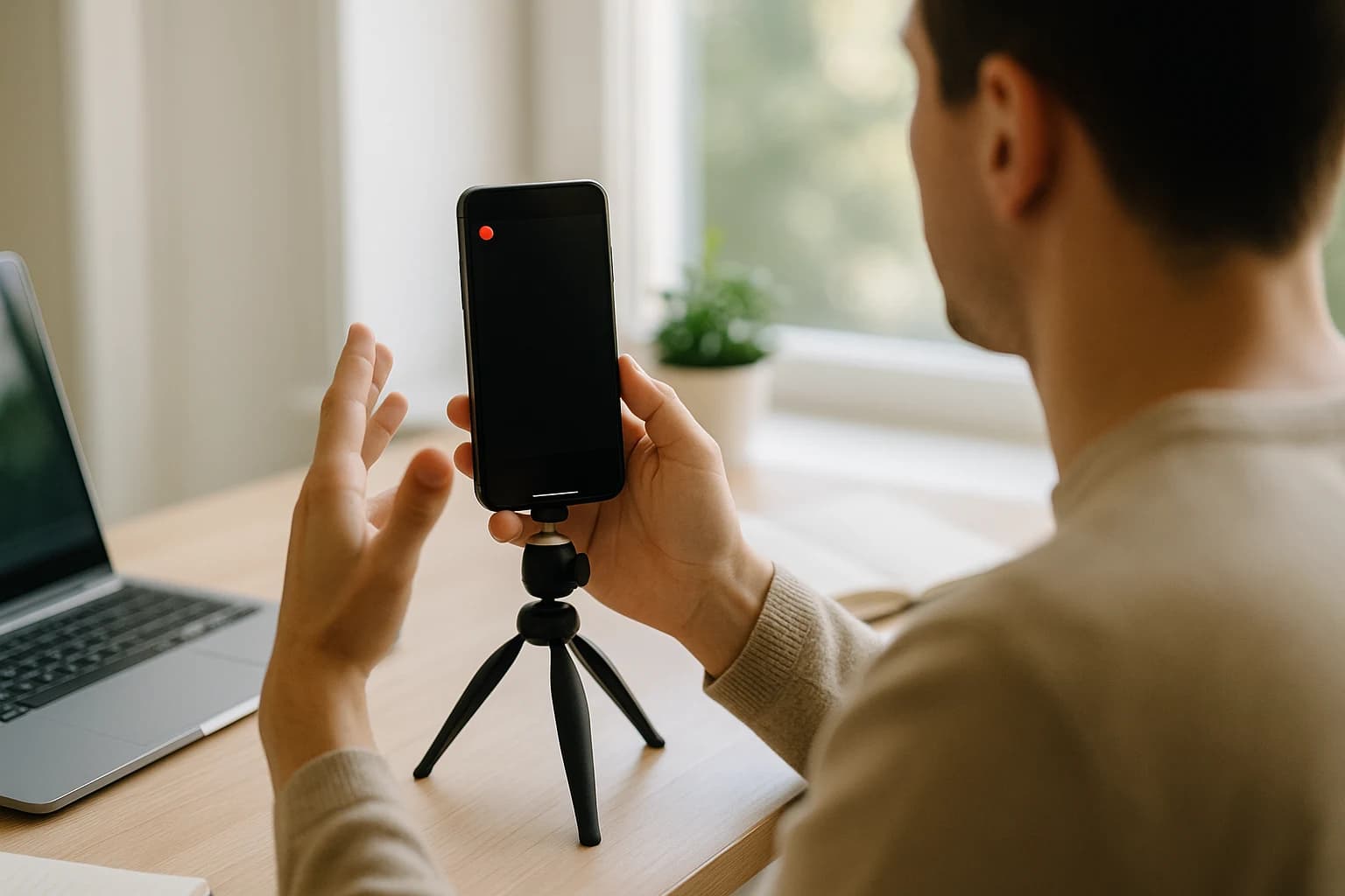A person recording a short video on a phone at a bright home desk