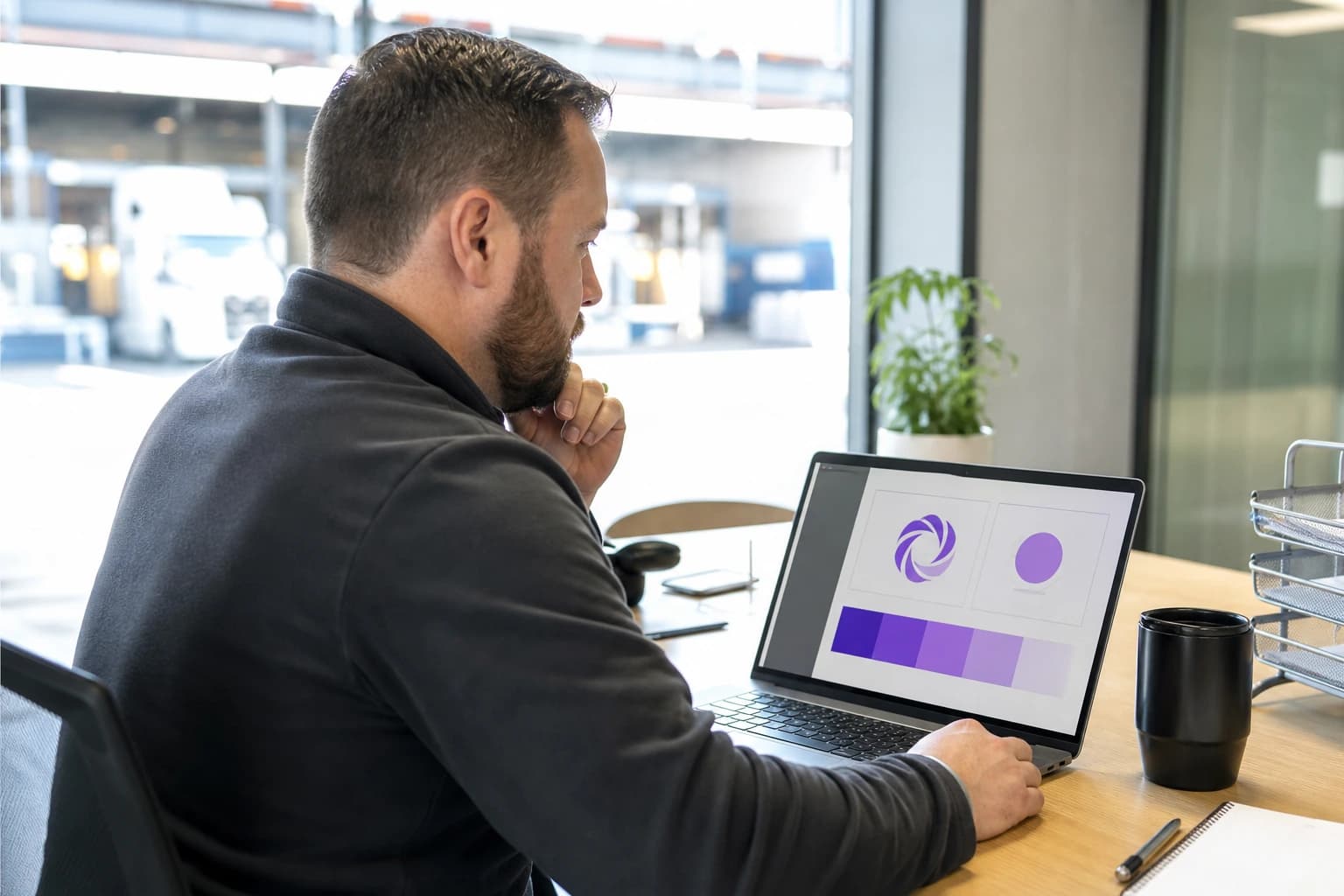 A 3PL operations manager reviewing an extracted brand color palette and logo on a laptop, a freight yard visible through the window