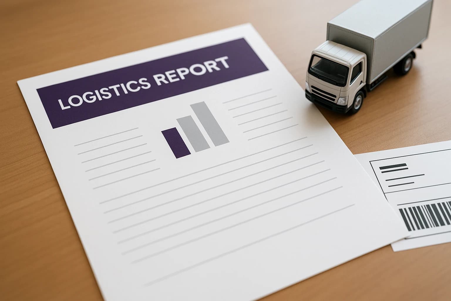 A printed one page logistics report mockup in brand purple next to a toy freight truck and a shipping label