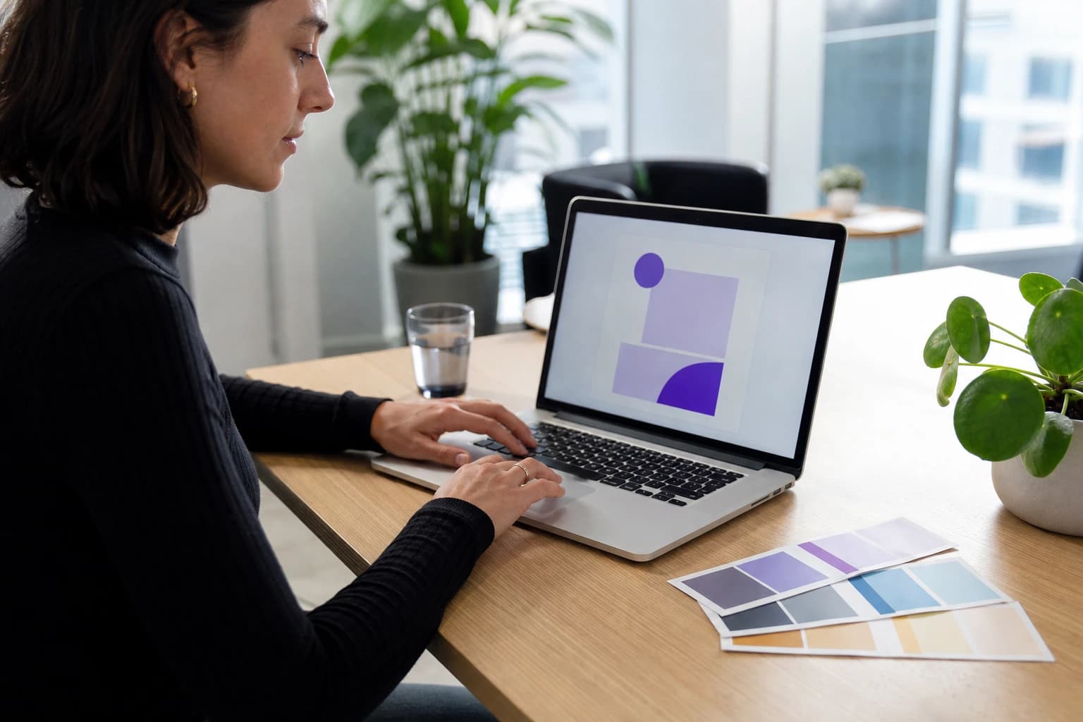A marketing professional at a bright desk working on a laptop showing an abstract on-brand colour layout, with a few brand colour swatch cards nearby