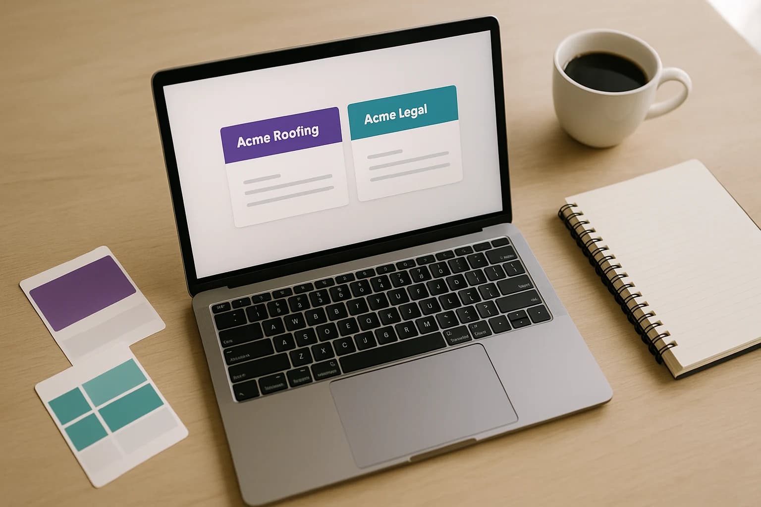 An overhead flat lay of a laptop showing a simple multi-colour dashboard beside several separate brand colour swatch cards, a notebook and a coffee