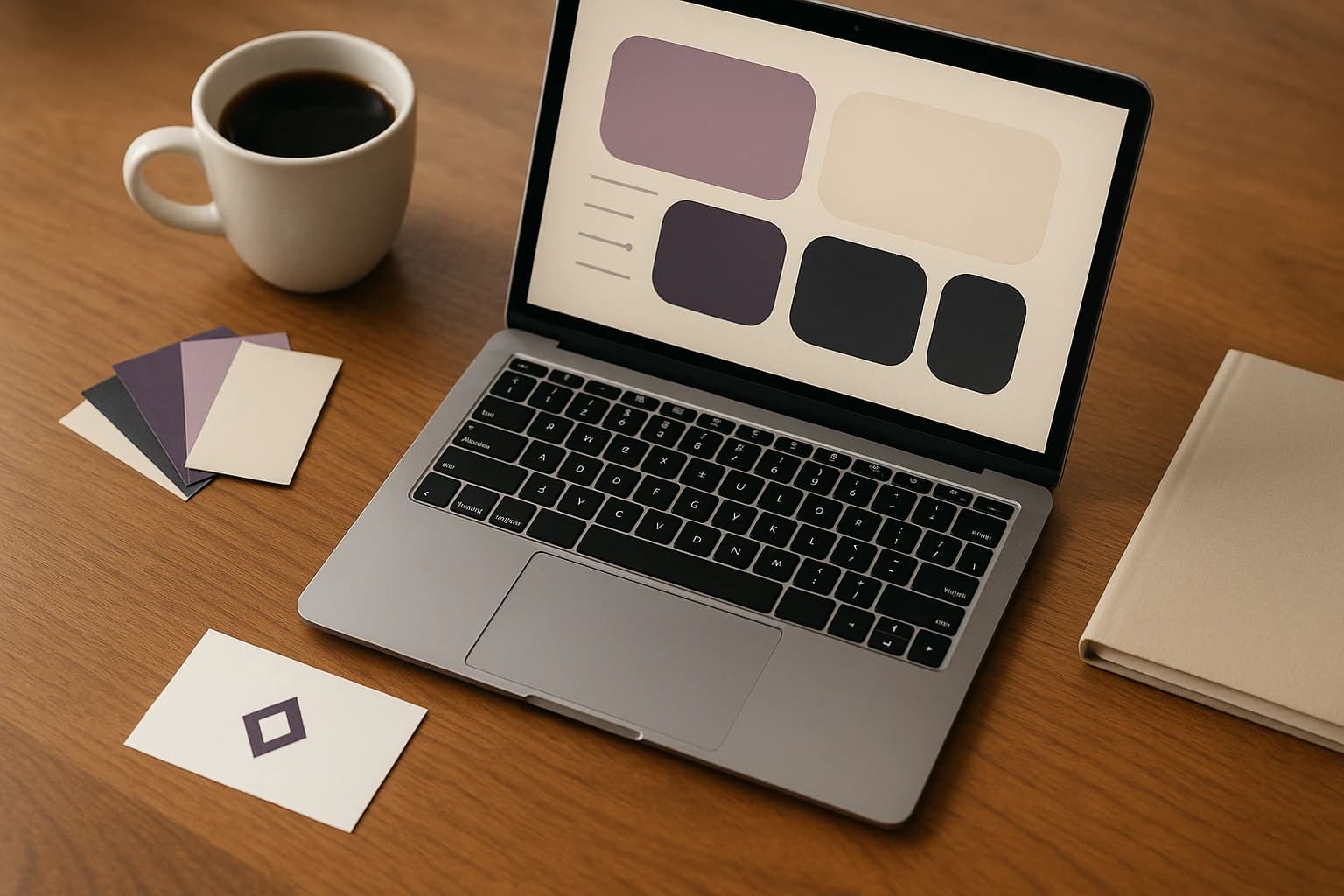 A desk with a row of brand colour swatches, one purple accent chip among them, beside a laptop and blank cards
