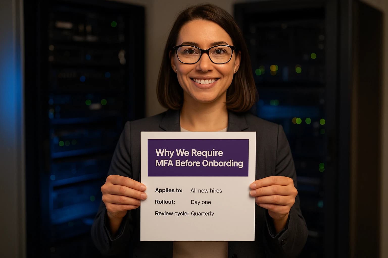 A managed services professional holding up a finished one-page piece in her firm's brand colours, server room equipment behind her