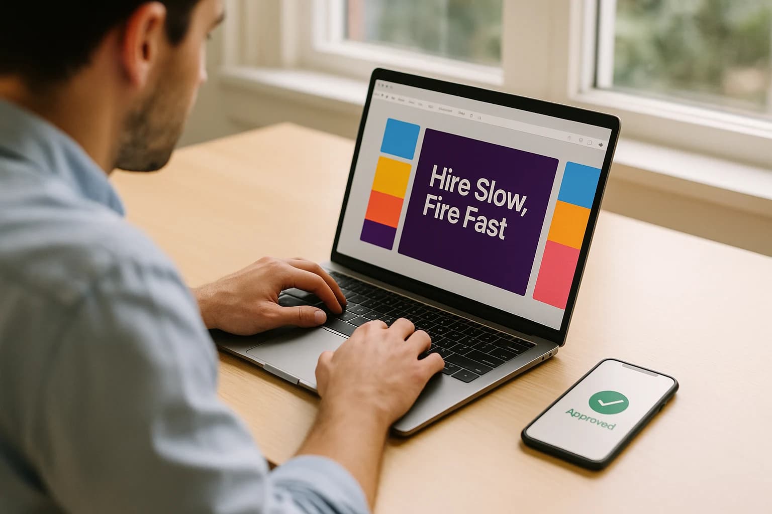 A marketing professional at a bright desk, typing on a laptop showing a colorful on-brand carousel design in progress, with a phone nearby already showing a simple approved checkmark
