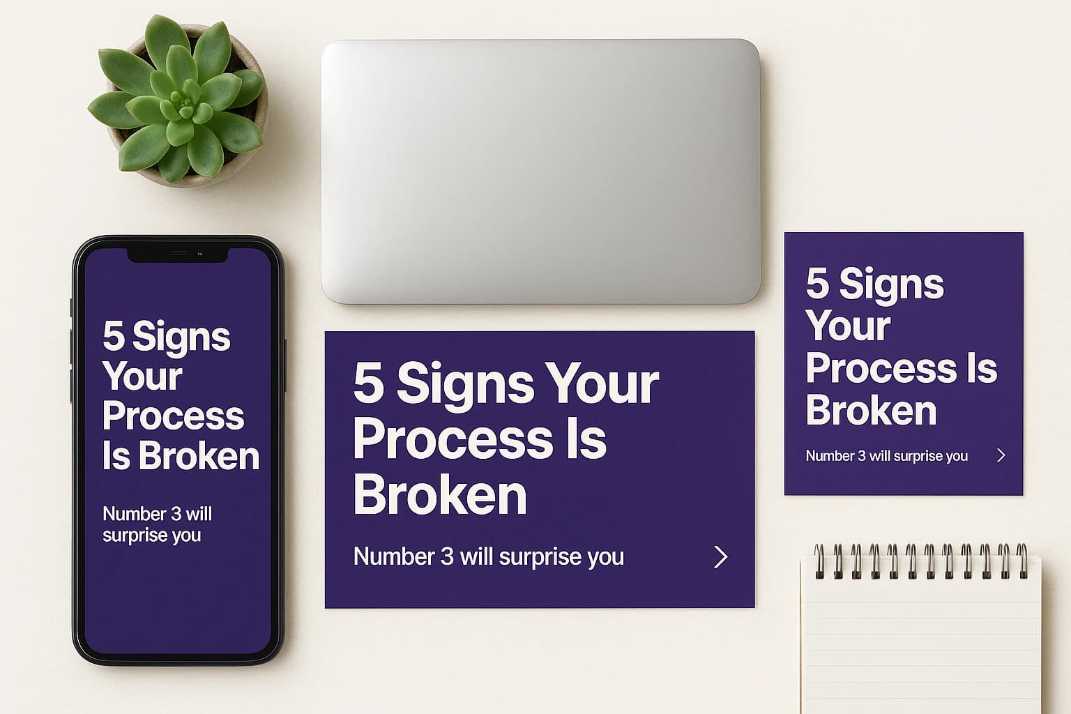 A laptop and a phone on a desk showing an abstract purple carousel slide design, beside a stack of matching printed carousel cards