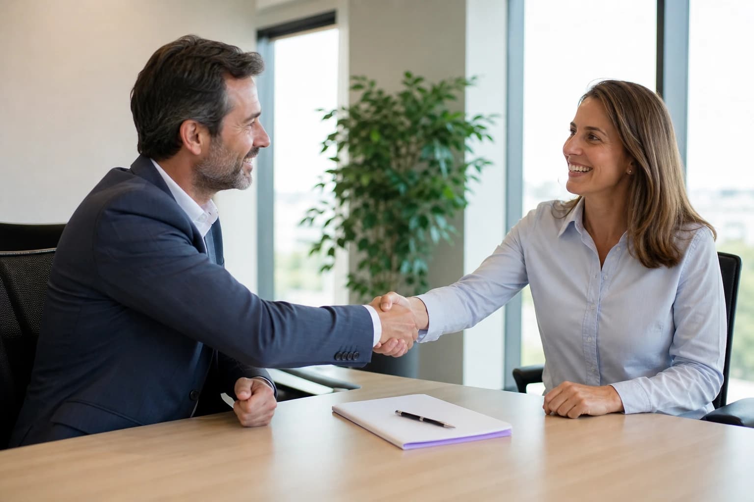 Two people shaking hands across a table after reviewing a service proposal