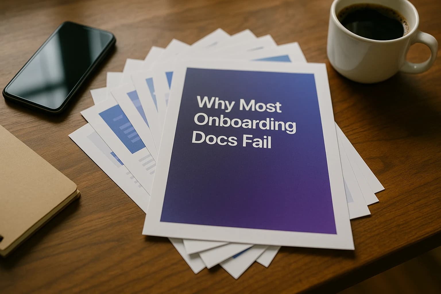 A flat lay of a printed slide deck fanned out on a desk next to a phone, a notebook and a coffee cup