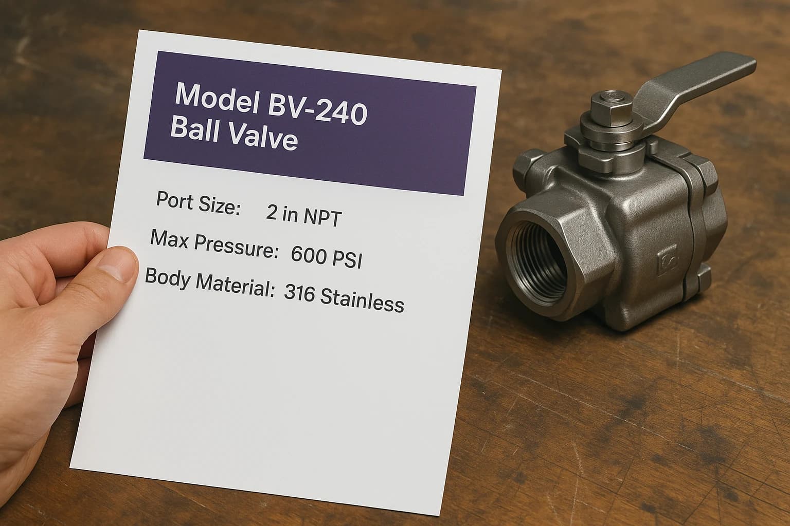 A hand holding a printed spec sheet beside a real industrial valve component on a workshop bench