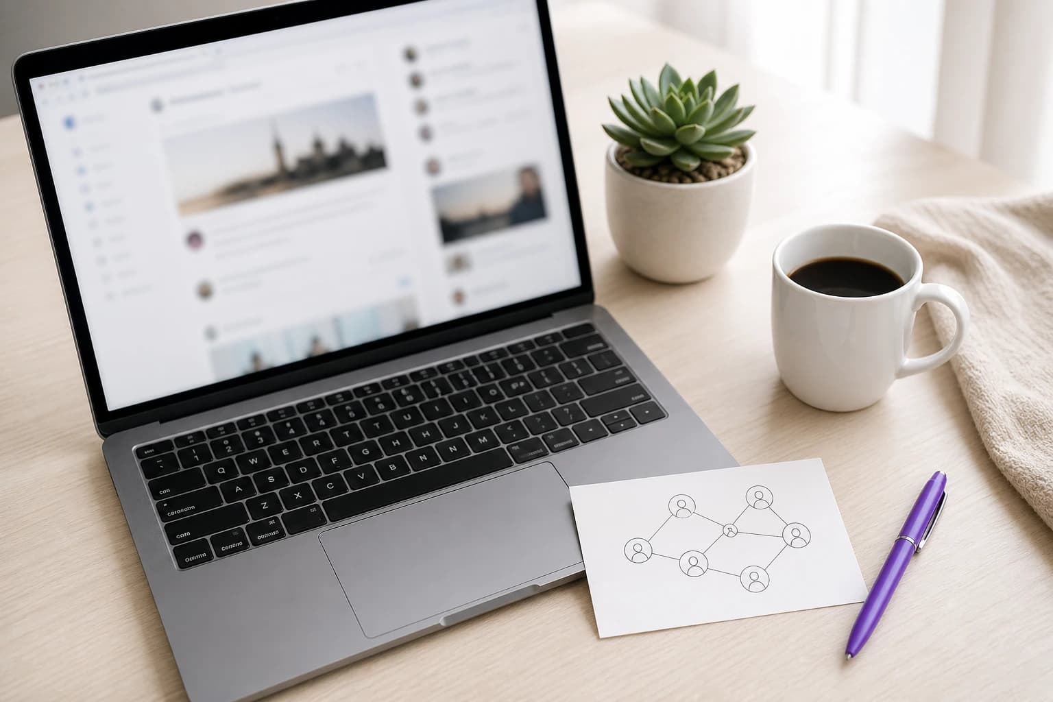 A laptop showing a softly blurred social feed next to a simple contact network diagram on a bright desk, with a purple pen and a cup of coffee