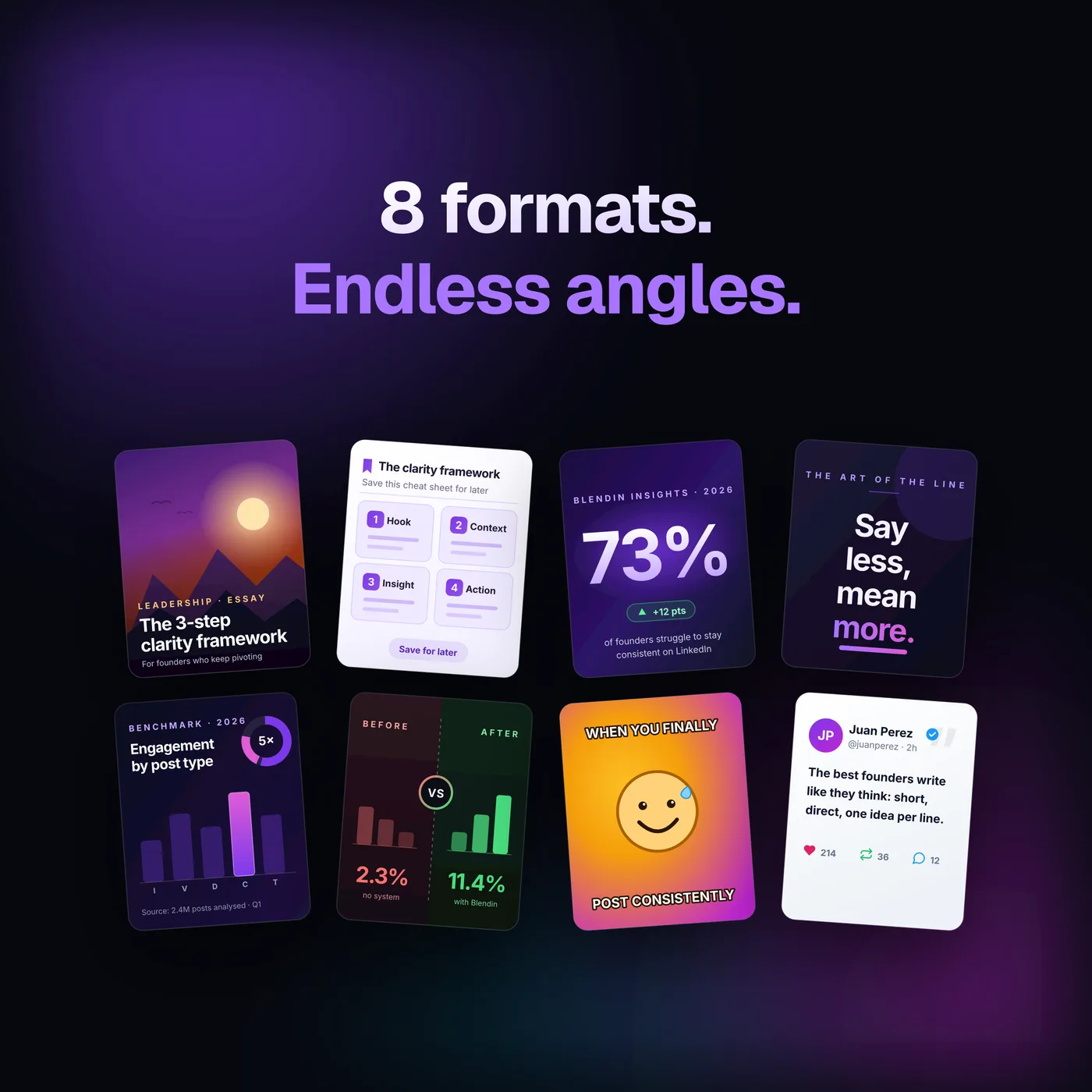 Eight content formats: carousels, cheat sheets, data stats, memes, and more