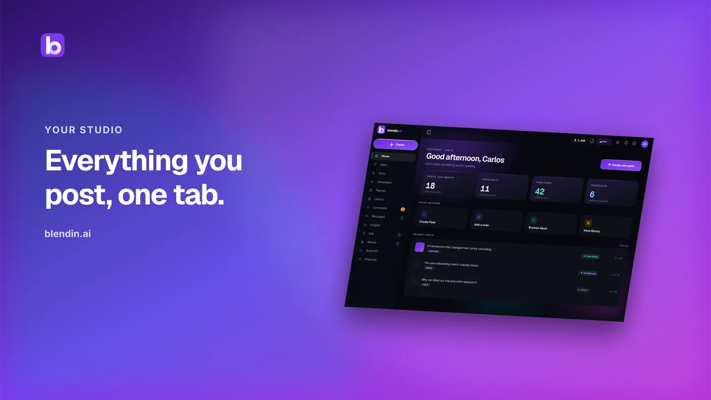 The Blendin studio dashboard, every post in one tab